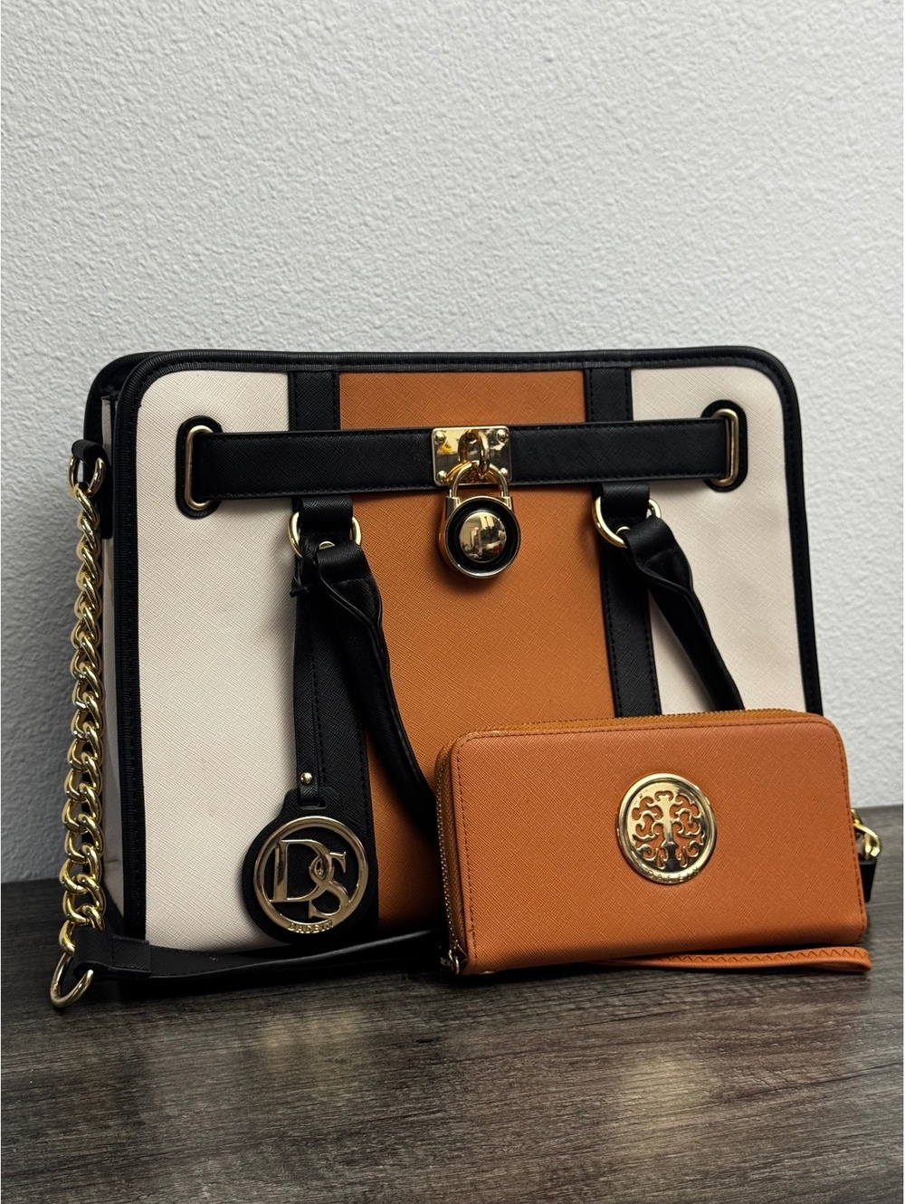 Dasein Colorblock Satchel Handbag Matching Wallet Chain Strap Black Tan Cream